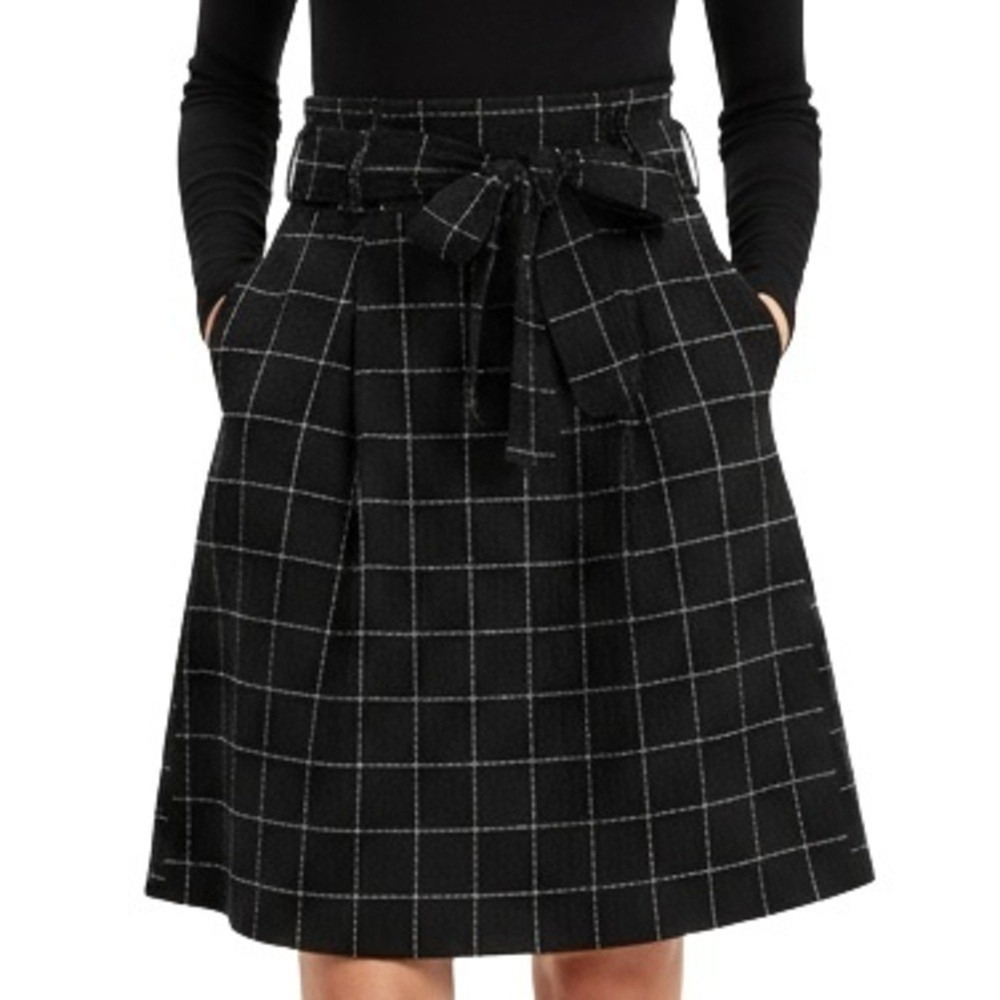 H&M Skirt Size 2 Black White Grid Plaid‎ Paperbag Waist Tie Belt Zipper Back